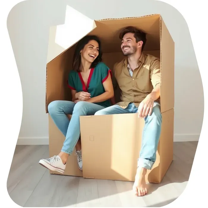 Two guys sitting on the floor of their apartment with Muval moving boxes